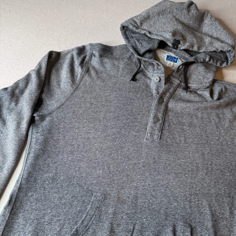 J.Crew Mens Gray Henley Hoodie Cotton French Terry Sweatshirt Size M - Mended
